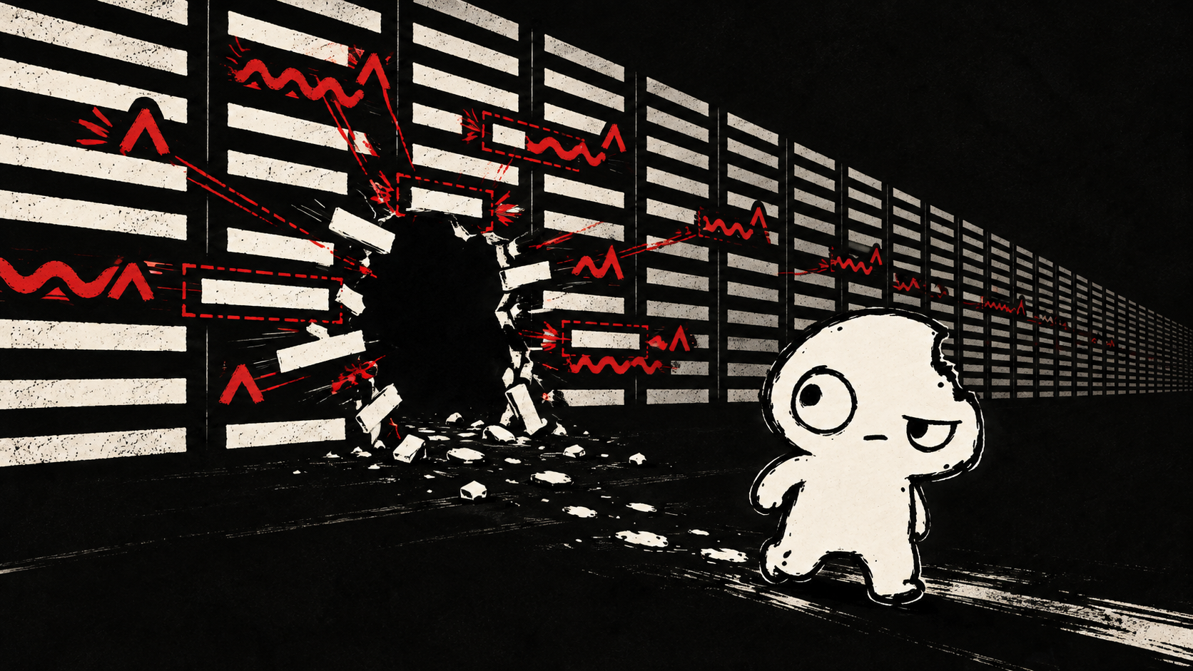 EROR escaping through a hole in a machine-perfect wall while red correction marks search behind it